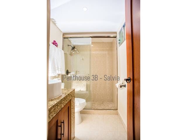 Downstairs bathroom with granite countertops and shower