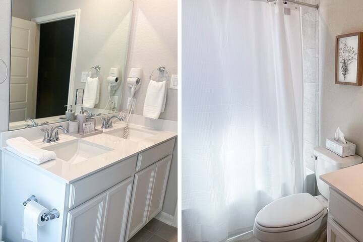 Second bathroom upstairs 
Step into our second bathroom retreat. Enjoy the convenience of dual vanities, a refreshing shower, and upgraded bath amenities. With the added bonus of a dryer, your comfort and convenience are our top priorities.