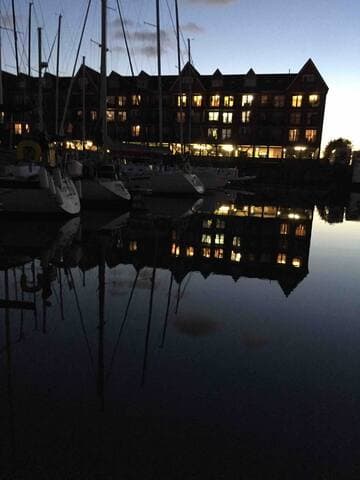 Nighttime view of the marina.