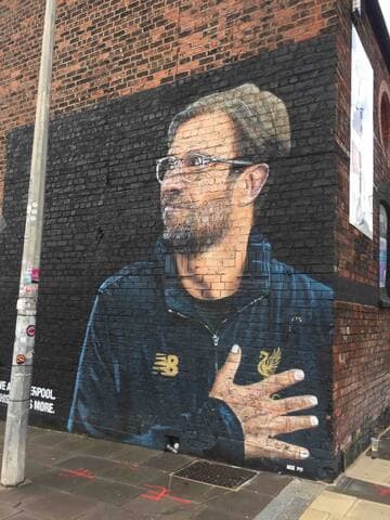 Mural of Jurgen Klopp, Liverpool FC manager, in the Baltic Triangle.