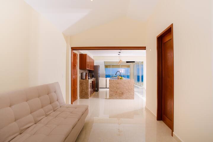 Downstairs bedroom that closes off with three sliding doors. Transform the space by sliding the doors for a full open concept experience.