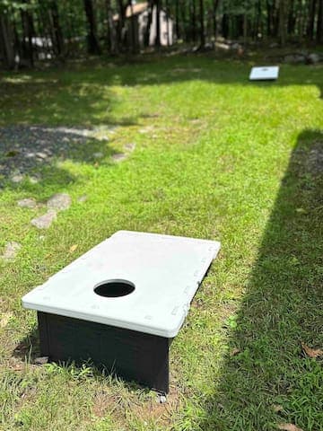 Cornhole is set up for guests to enjoy in the side yard surrounded by the woods - available in the spring through fall months!