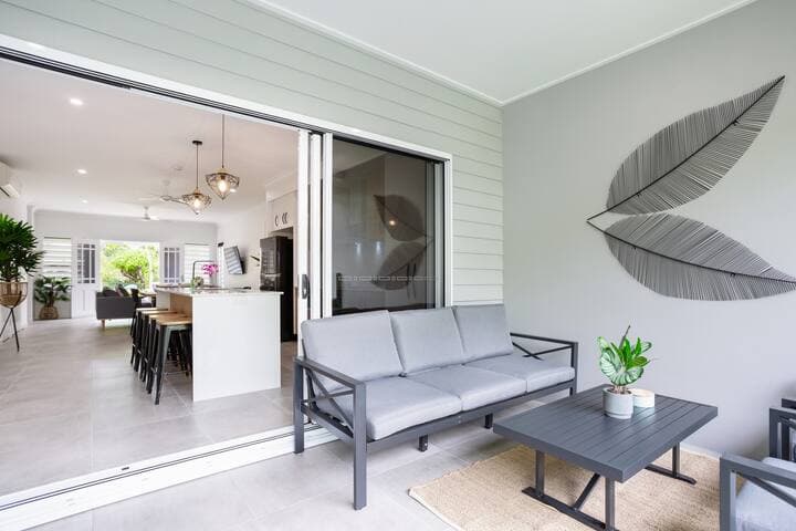 Plenty of outdoor living space overlooking the private courtyard with spa/hot tub.