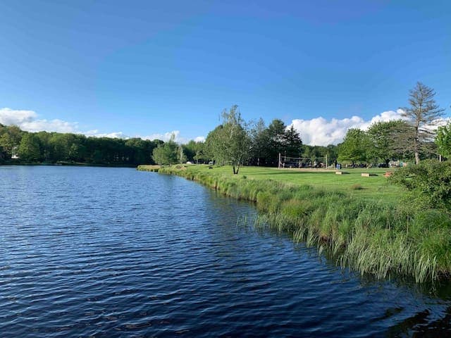 View of the lake and volley ball courts from the Island Pavilion fishing dock