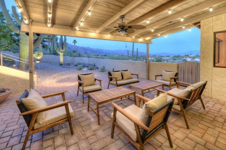 Enjoy the patio into the evening with the twinkle lights