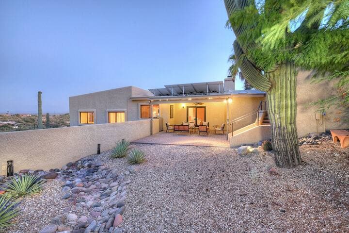 The backyard lights up at night for outdoor entertainment