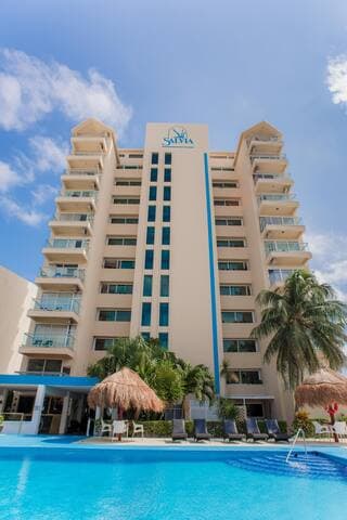 64 unit building. You are located on the top floor.