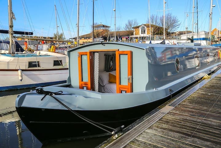 The front outdoor seating area leading to the main bedroom on the Liverpool Boat located near the Baltic Quarter and Cains Brewery Village.