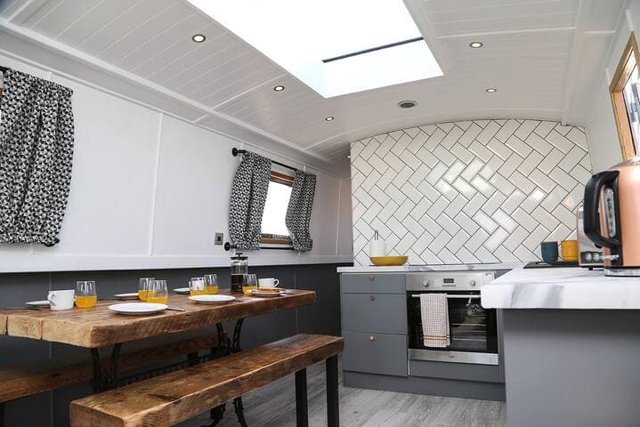 View of the kitchen area and dining table.